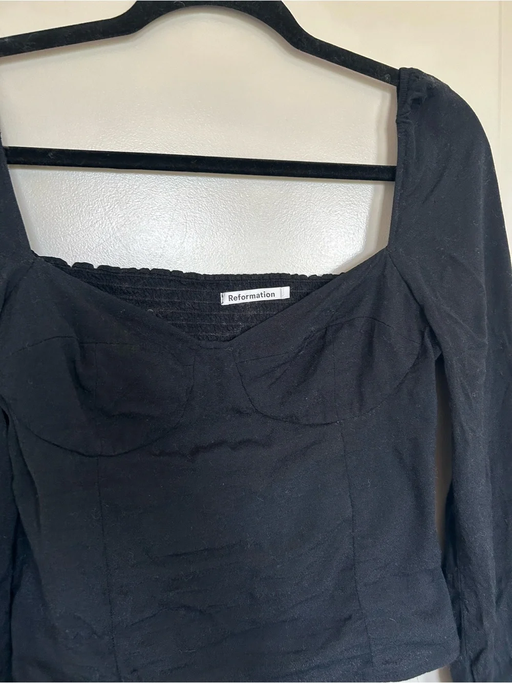 Reformation Reign Black Square-Neck Long Sleeve Crop Top